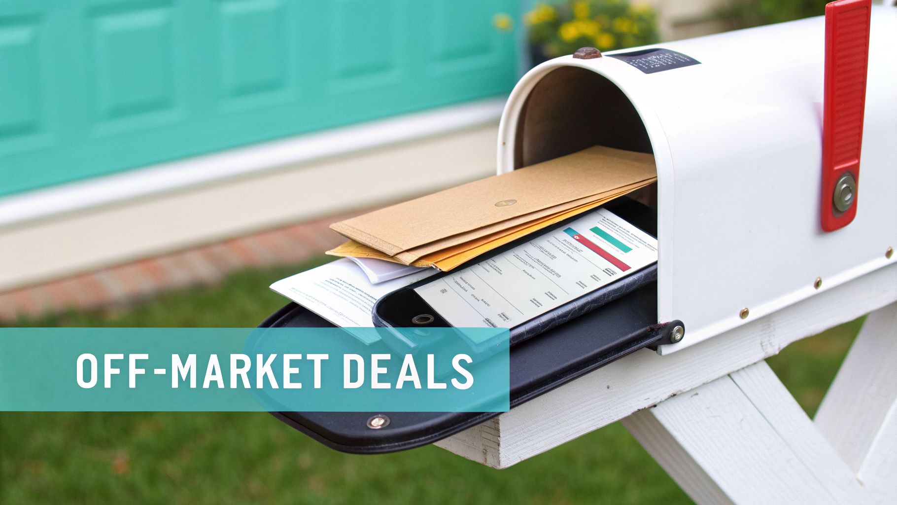 An open mailbox filled with traditional mail and a smartphone displaying investment property information.