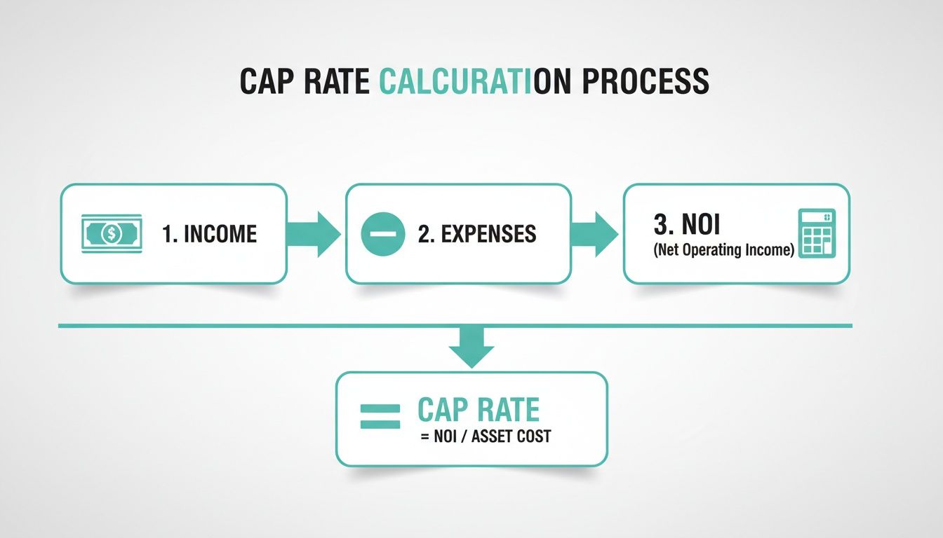 A clear flowchart explaining the Cap Rate calculation process, from income and expenses to Net Operating Income.