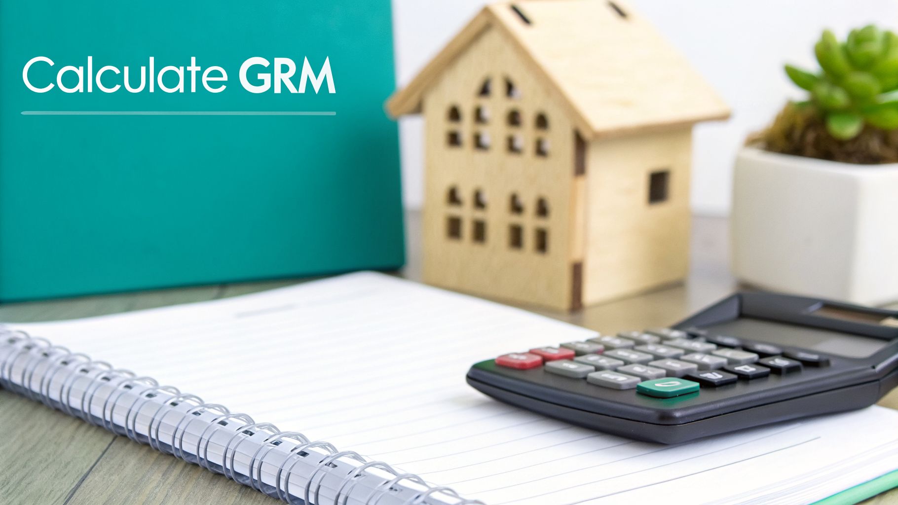 Calculator, notebook, and miniature house on a desk with a teal folder displaying 'Calculate GRM', representing real estate finance.