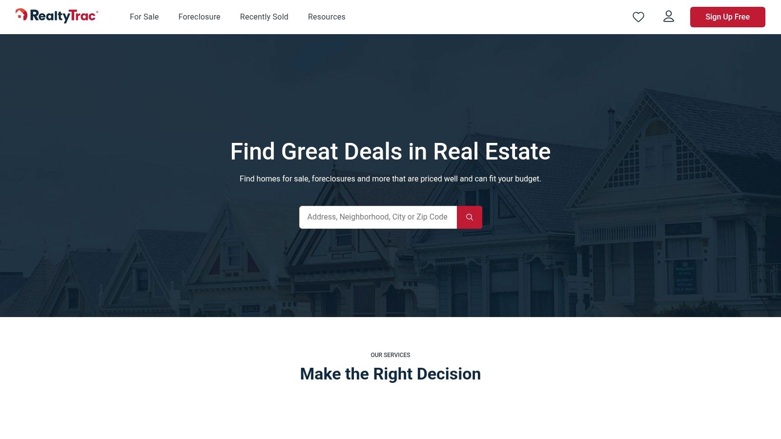 RealtyTrac showing property search results and filters.