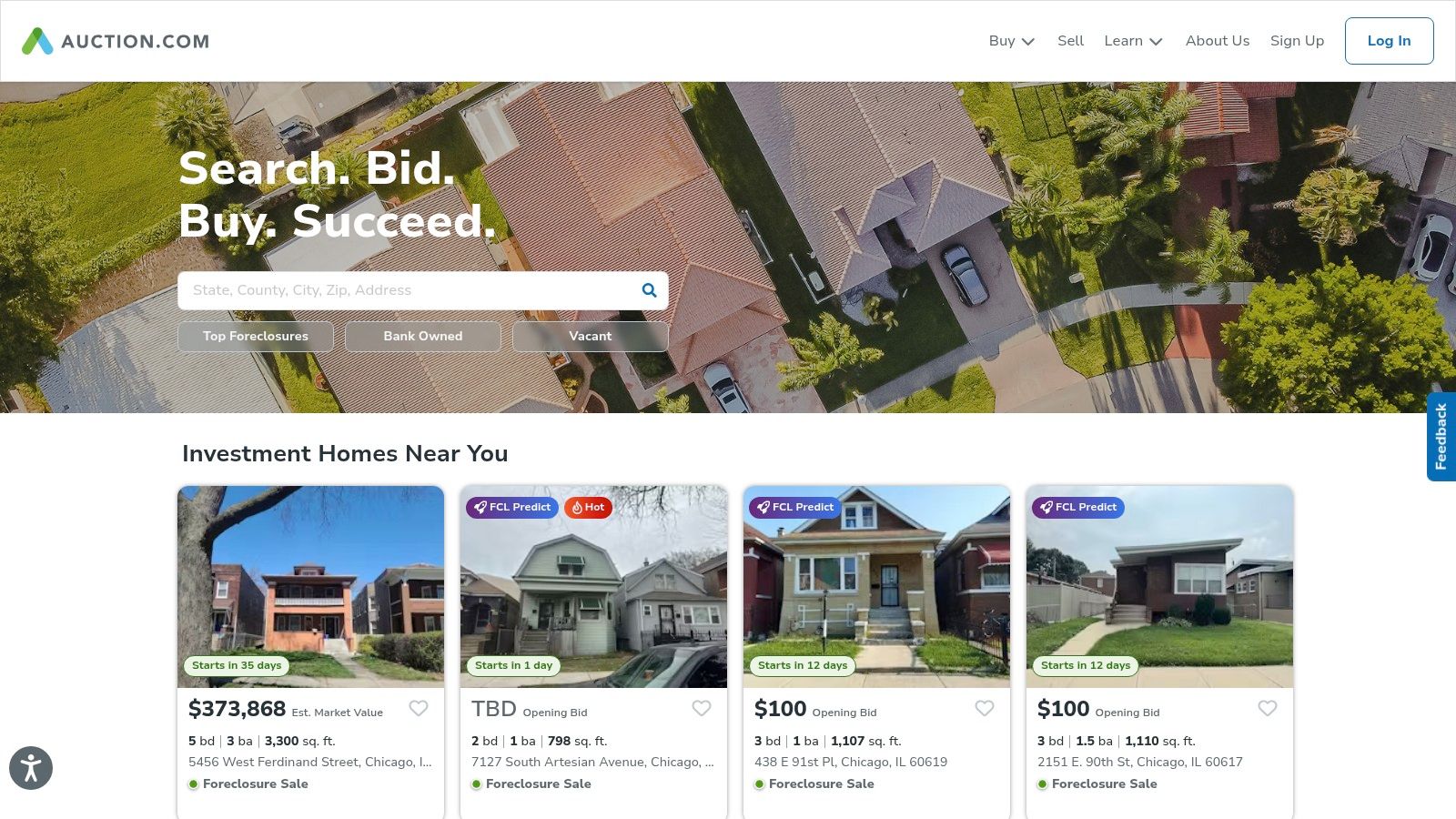 Auction.com property listings showing map view and property details.