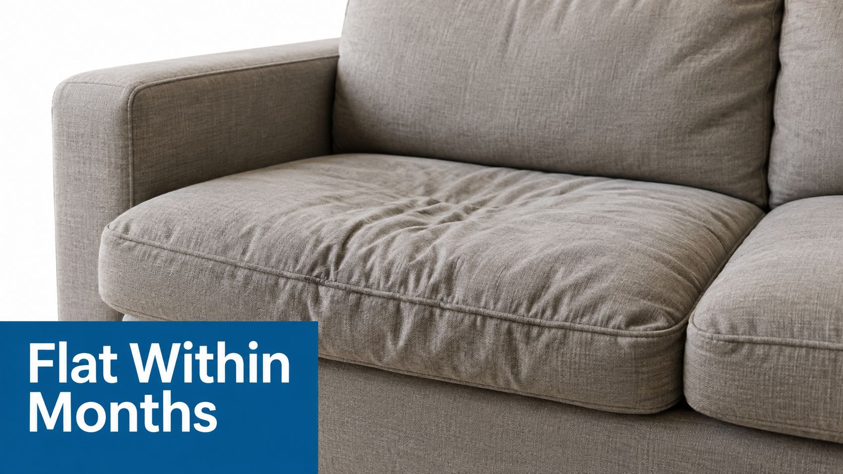 A close-up view of a worn, wrinkled gray fabric sofa cushion showing significant signs of wear.