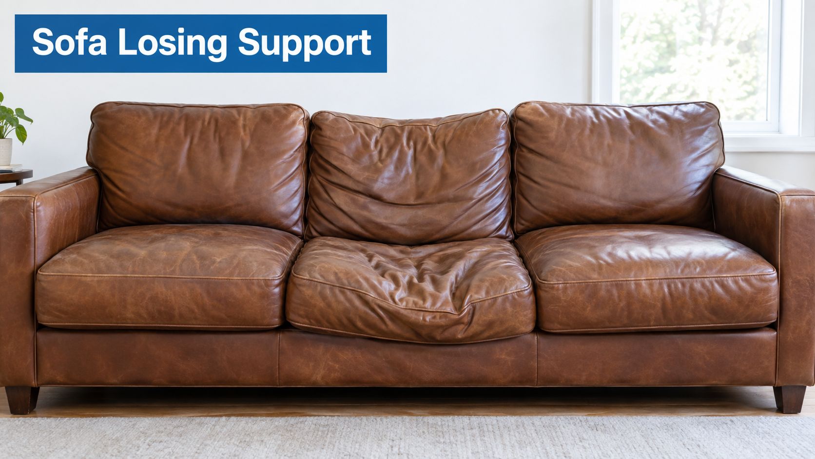 A brown leather sofa with a noticeably sagging middle seat cushion, indicating a loss of support.