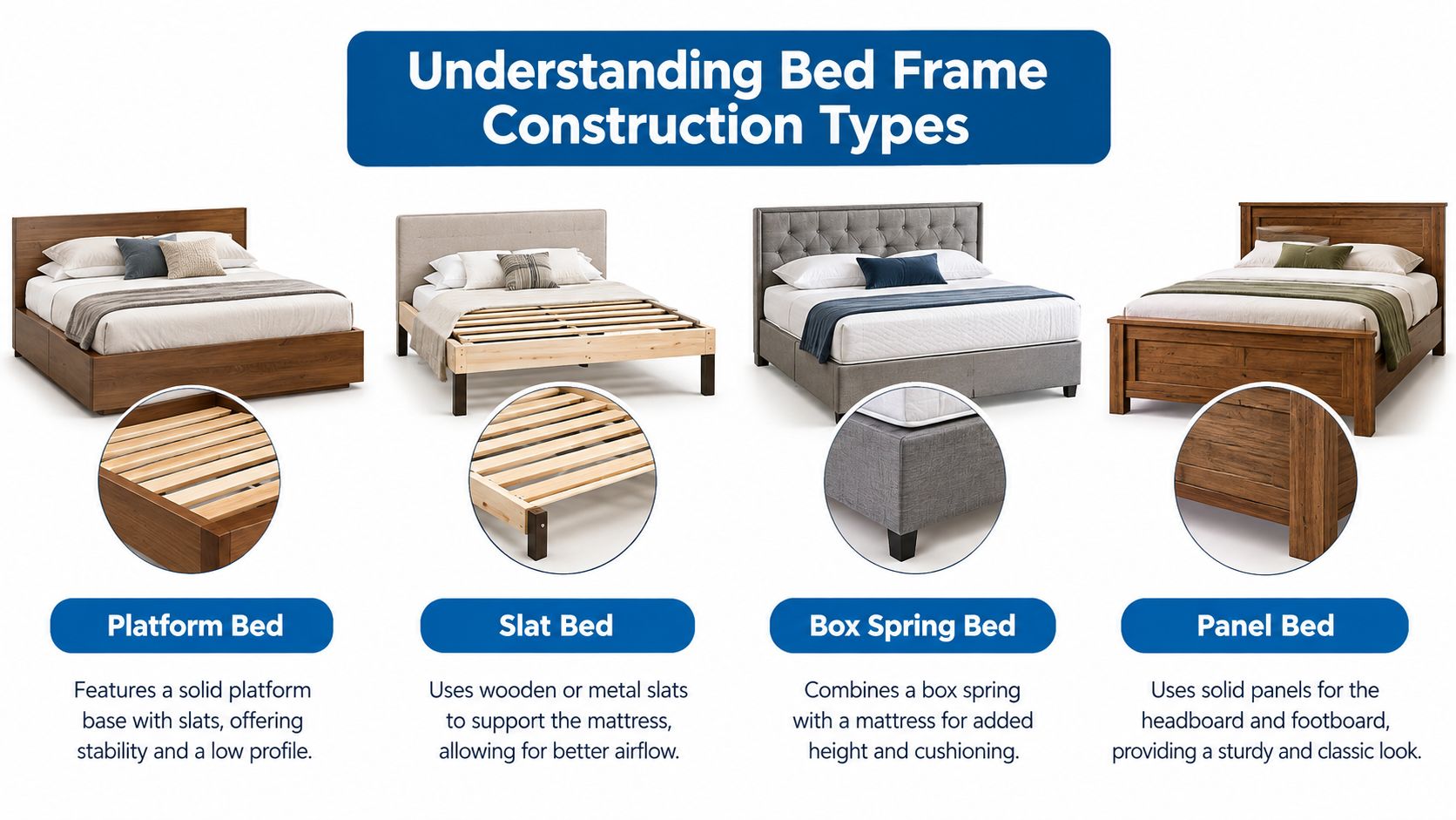 A visual guide explaining four types of bed frame construction: platform, slat, box spring, and panel beds.