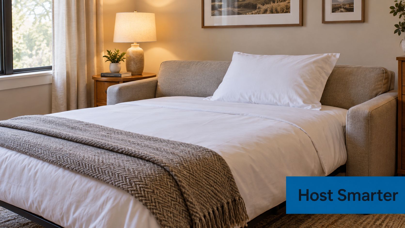 A modern sleeper sofa prepared with white bedding and a textured throw blanket in a cozy room.