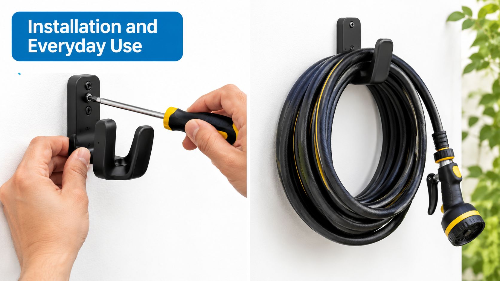 A hands-on demonstration showing how to mount a black hose storage hook on a white wall.