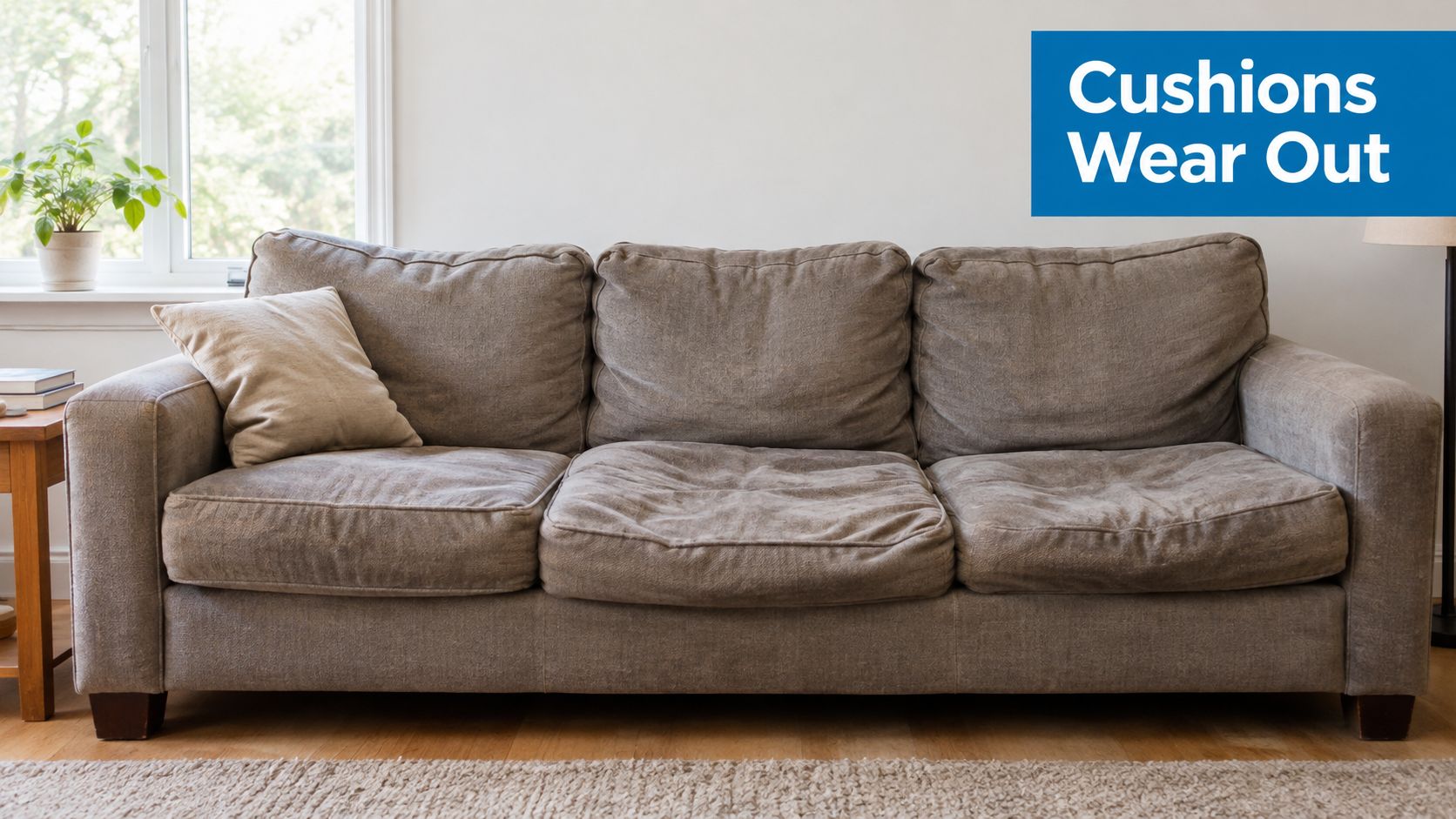 A slightly worn grey fabric sofa positioned in a living room with a houseplant nearby.
