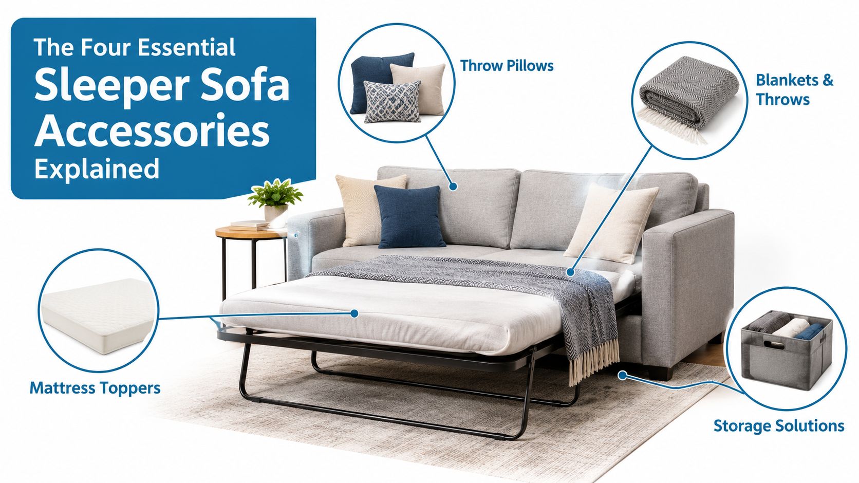A gray sleeper sofa with various accessories highlighted, including throw pillows, blankets, mattress toppers, and storage solutions.