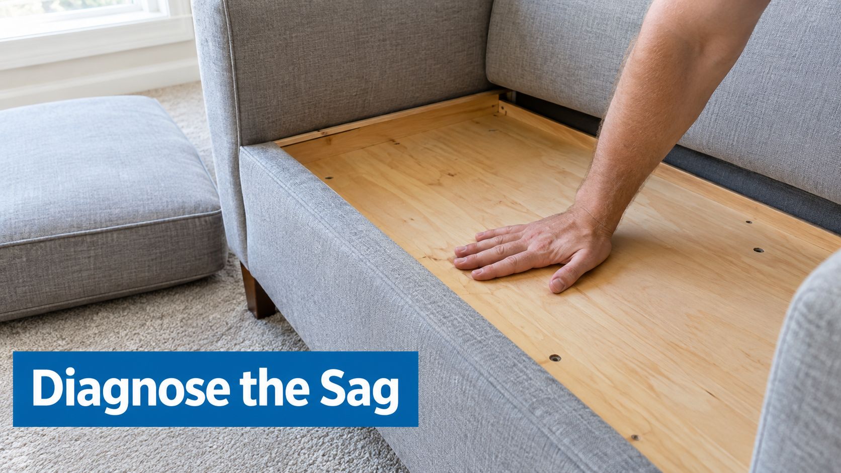 A person checking the plywood base of a disassembled grey couch to diagnose sagging furniture issues.