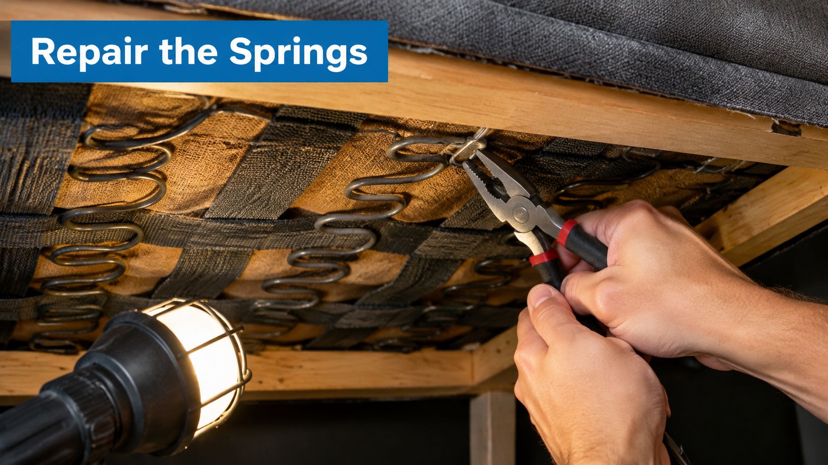 A close-up of a person using pliers to repair a metal sofa spring under a seat cushion.