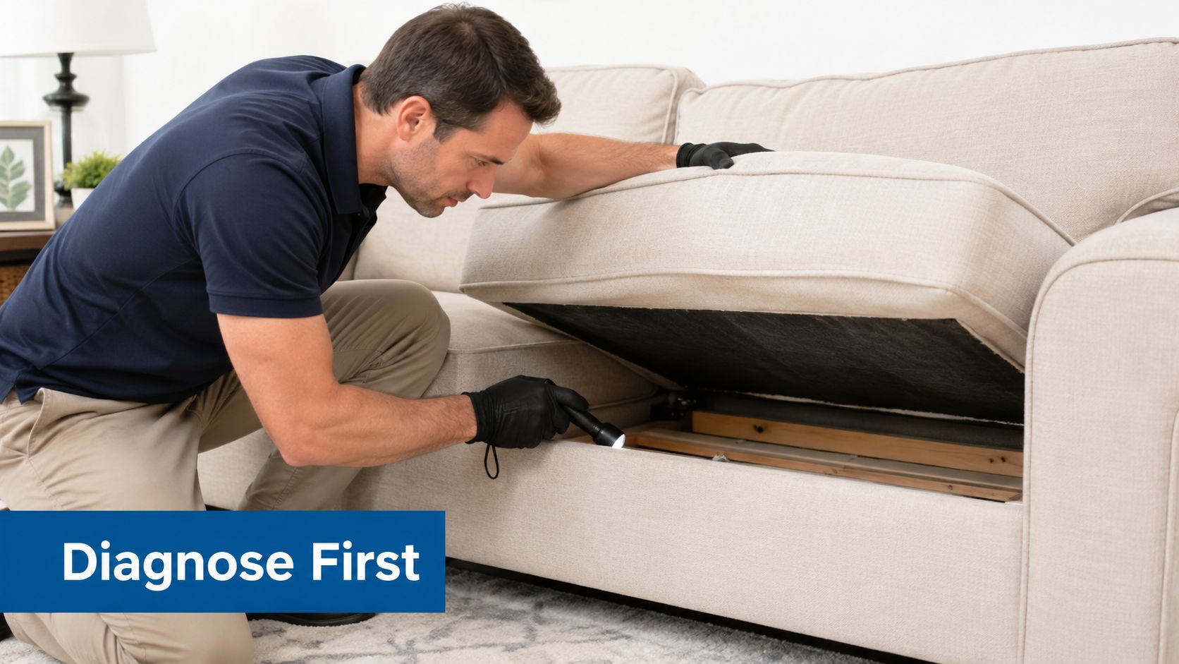 A professional pest control technician wearing black gloves uses a flashlight to inspect a beige sofa.