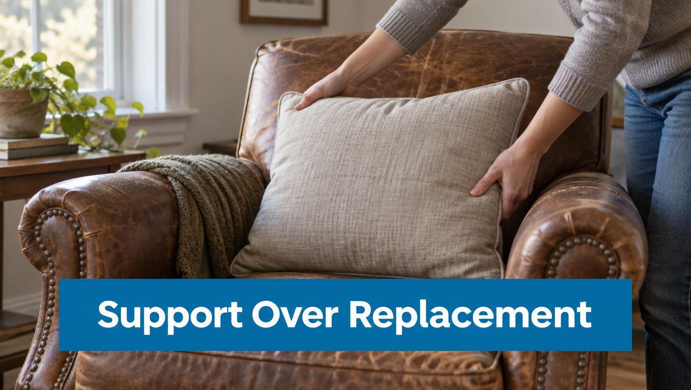 A person placing a supportive pillow on a vintage leather chair, emphasizing comfort and ergonomics.