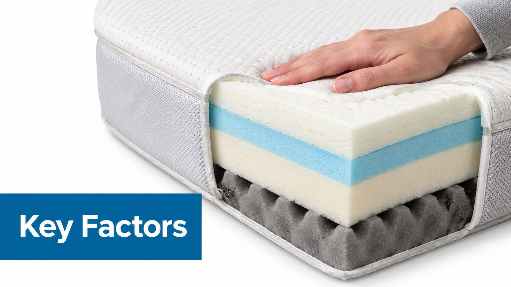 A close-up cross-section view of a multi-layer foam mattress with a hand resting on top.