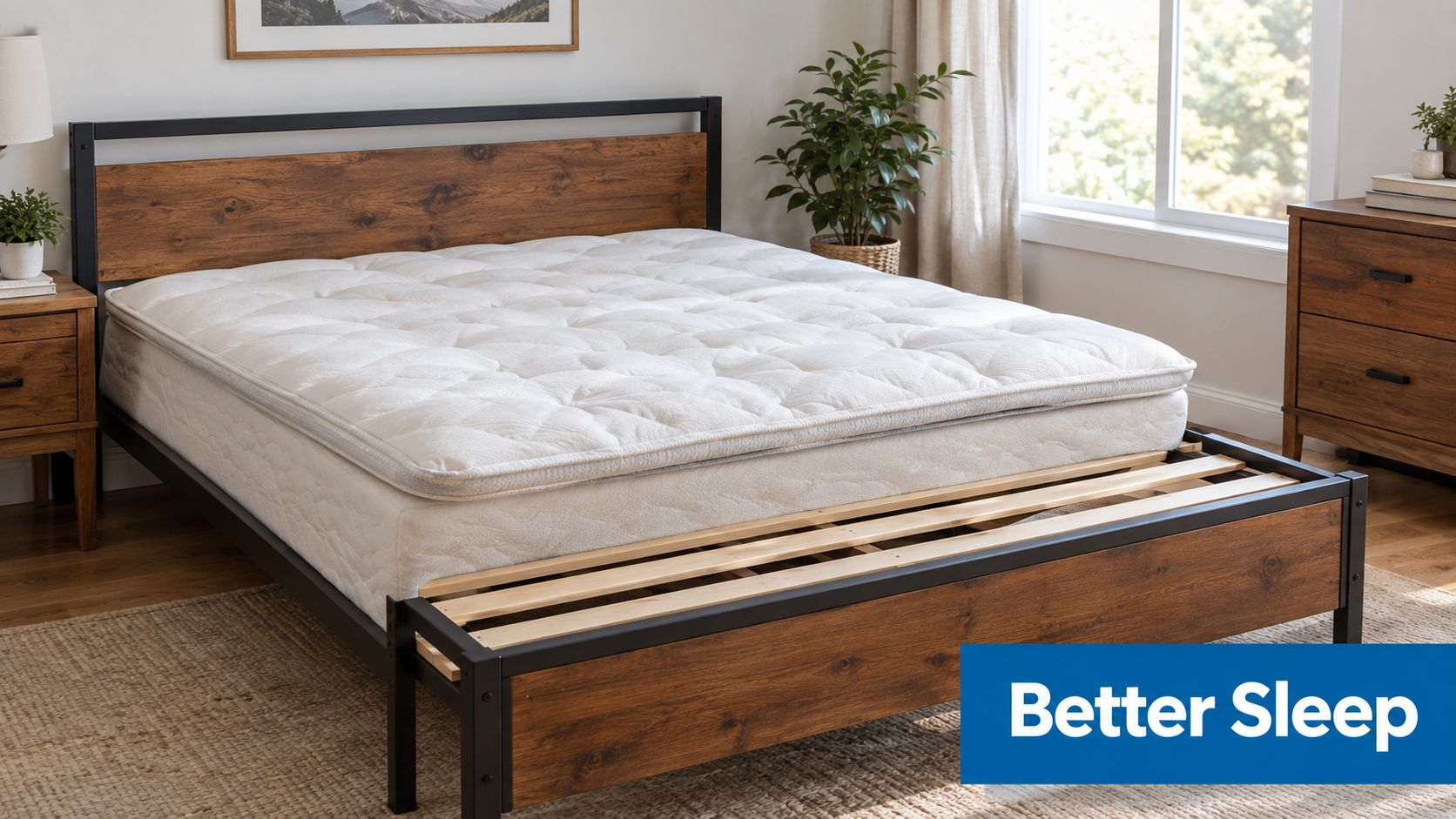 A modern platform bed with a metal frame and rustic wood panels, featuring a thick white mattress.