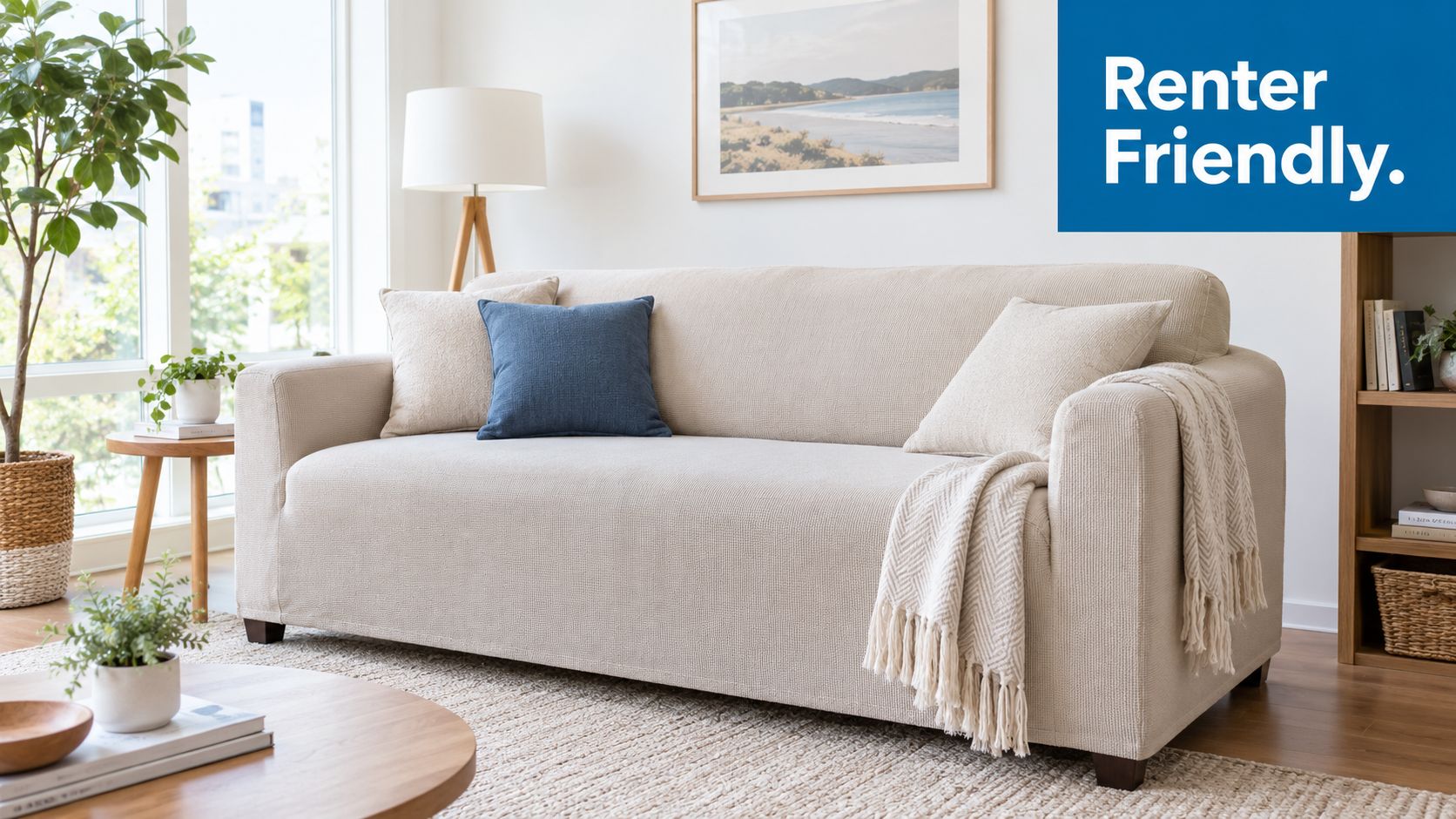 A modern beige slipcovered sofa with decorative cushions and a throw blanket in a cozy living room.