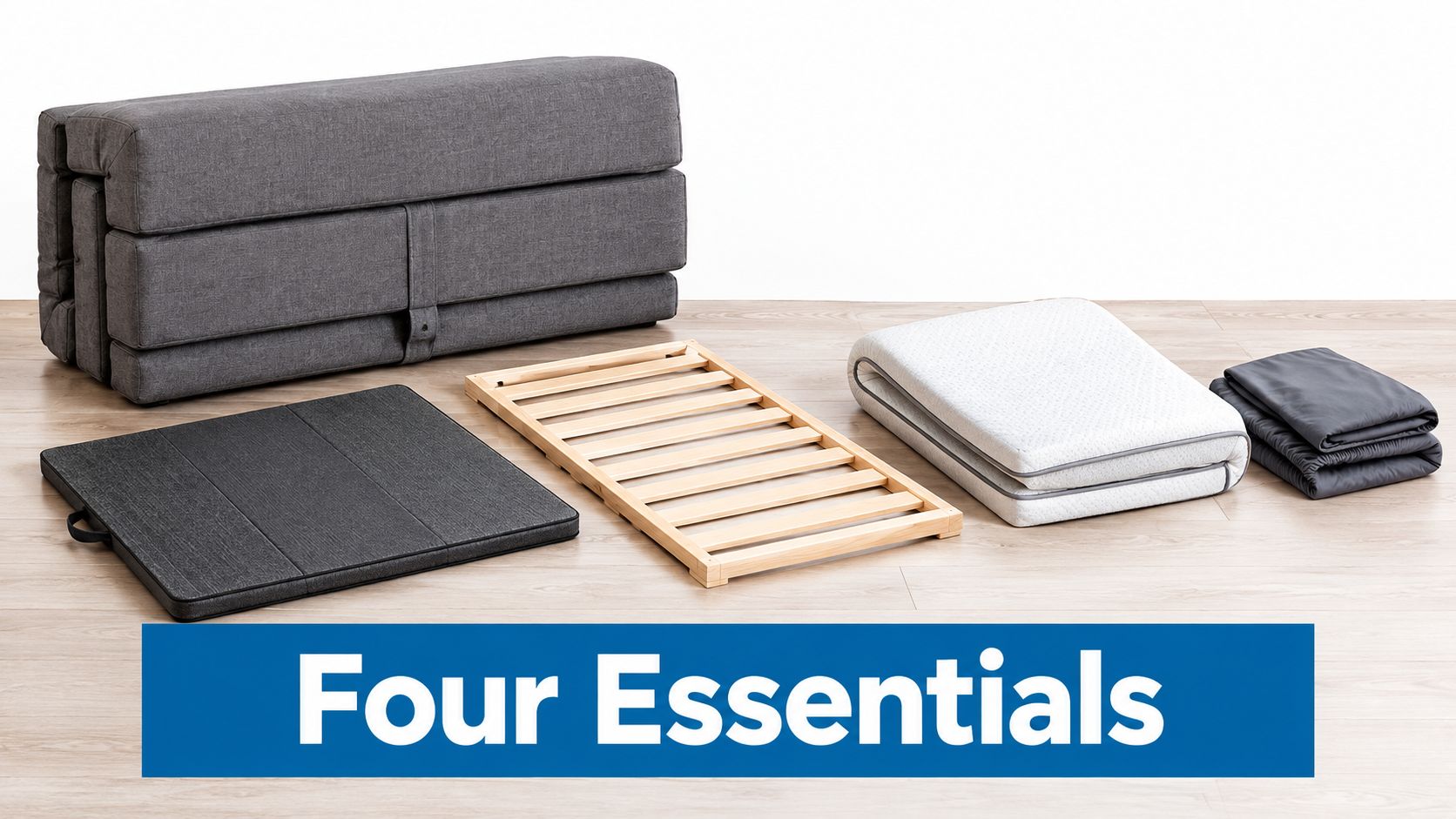 A foldable gray sleeper sofa and its essential components laid out on a light wood floor.