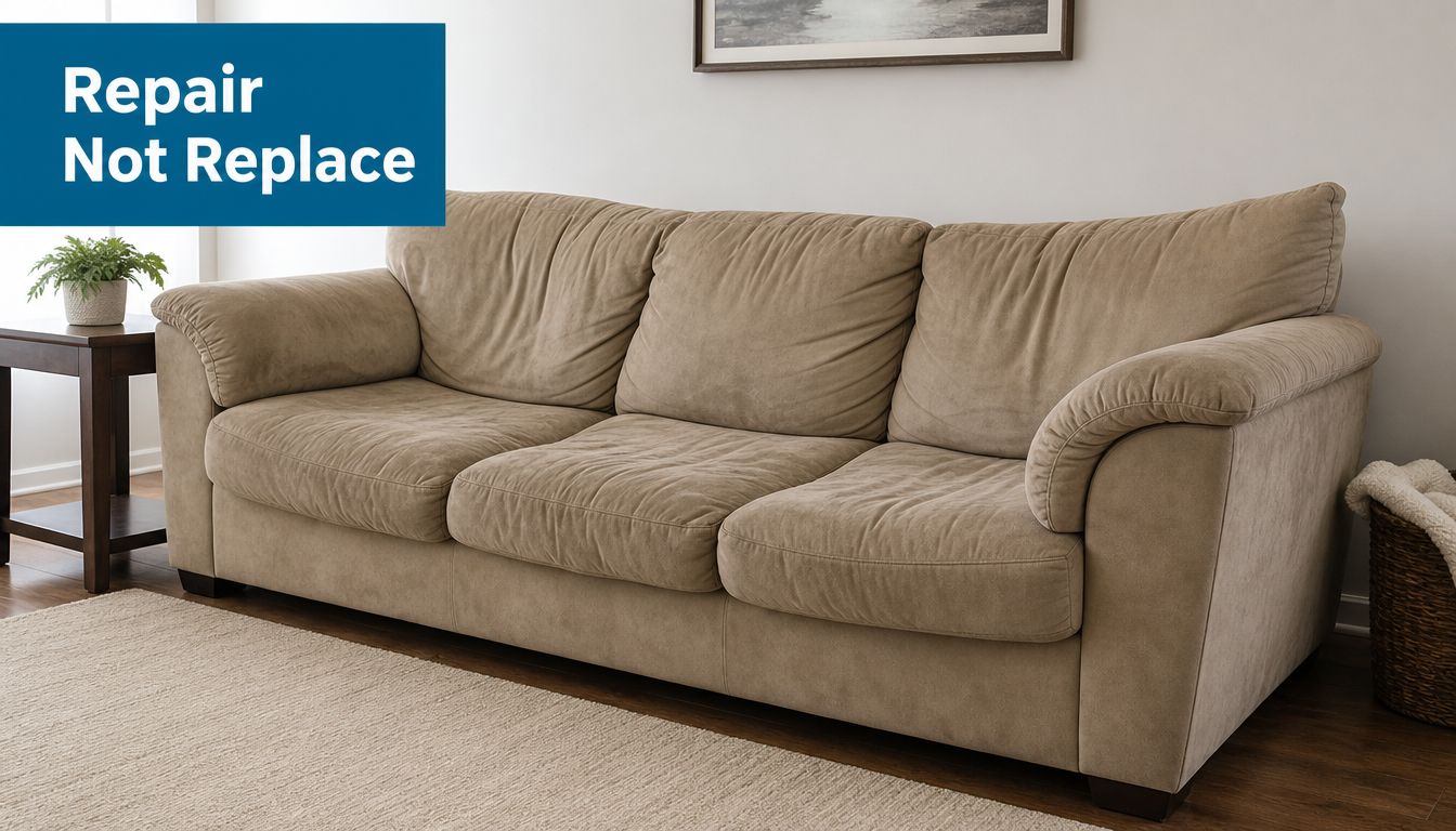 A beige three-cushion couch sits in a bright living room, demonstrating the need for furniture repair.