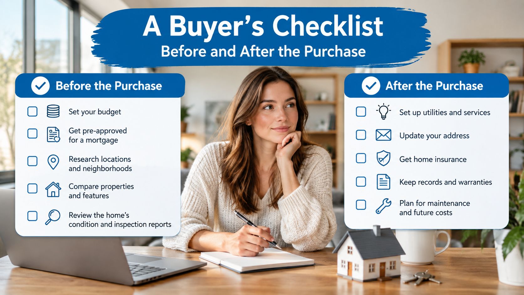 A checklist for homebuyers showing steps to take before and after the purchase on a wooden desk.