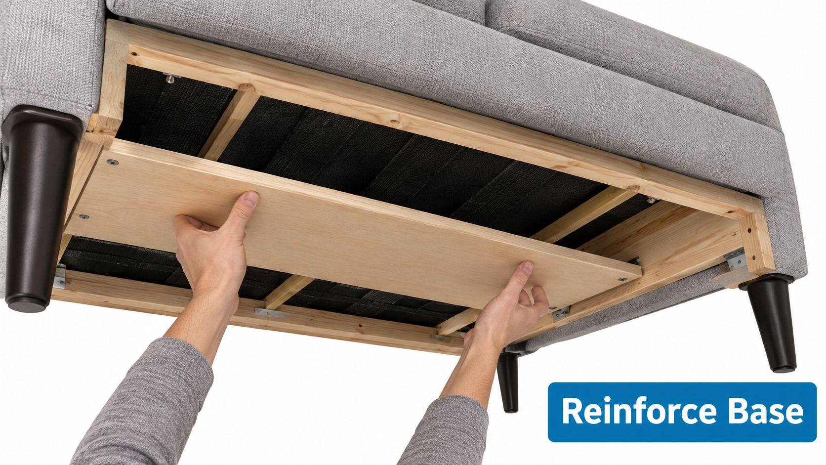 A person reinforcing the underside base of a gray couch by attaching a wooden support board.