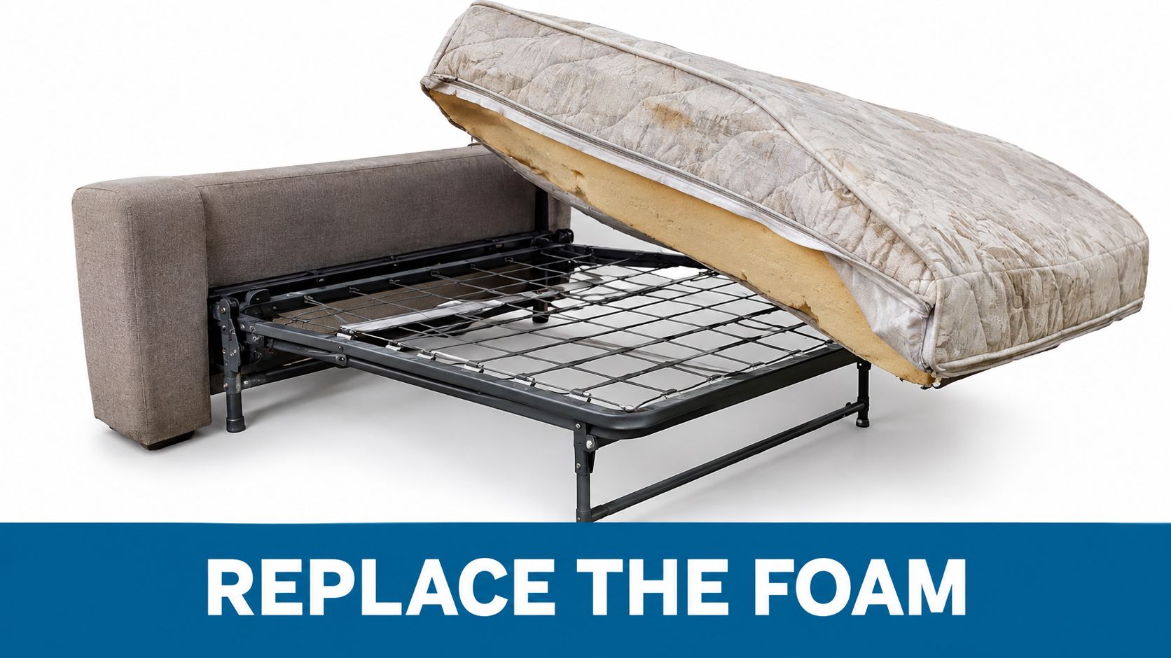 A pull-out sofa bed with an old, damaged foam mattress exposed, suggesting a need for replacement.