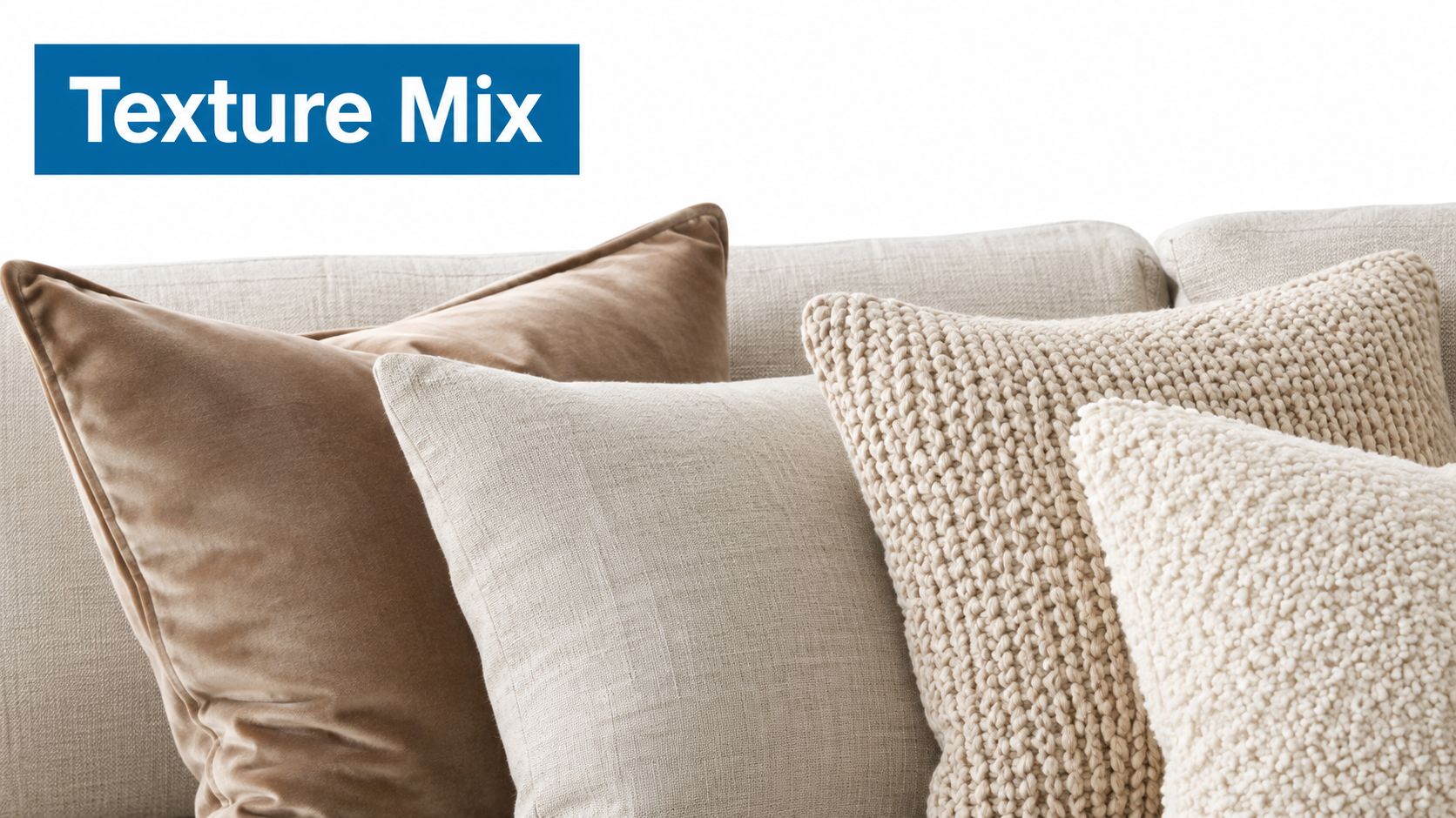 A close-up view of a sofa with a mix of decorative pillows in various textures and neutral colors.