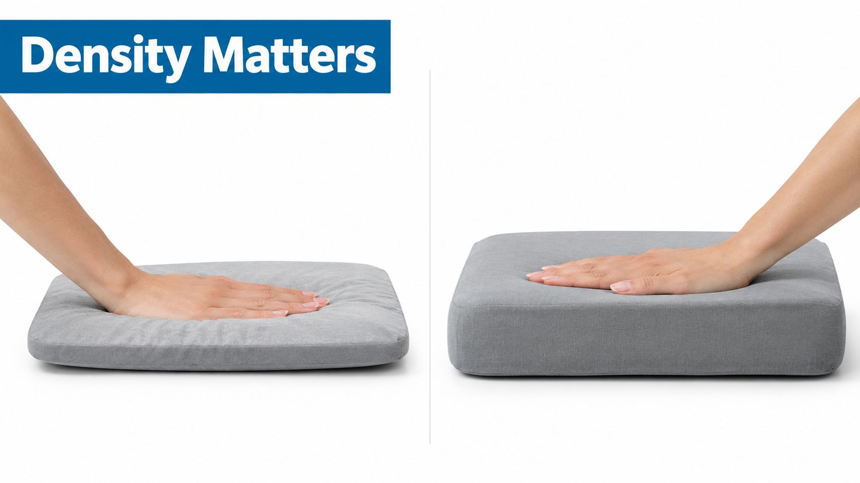 A hand pressing down on a thin low-density cushion compared to a thick high-density chair cushion.