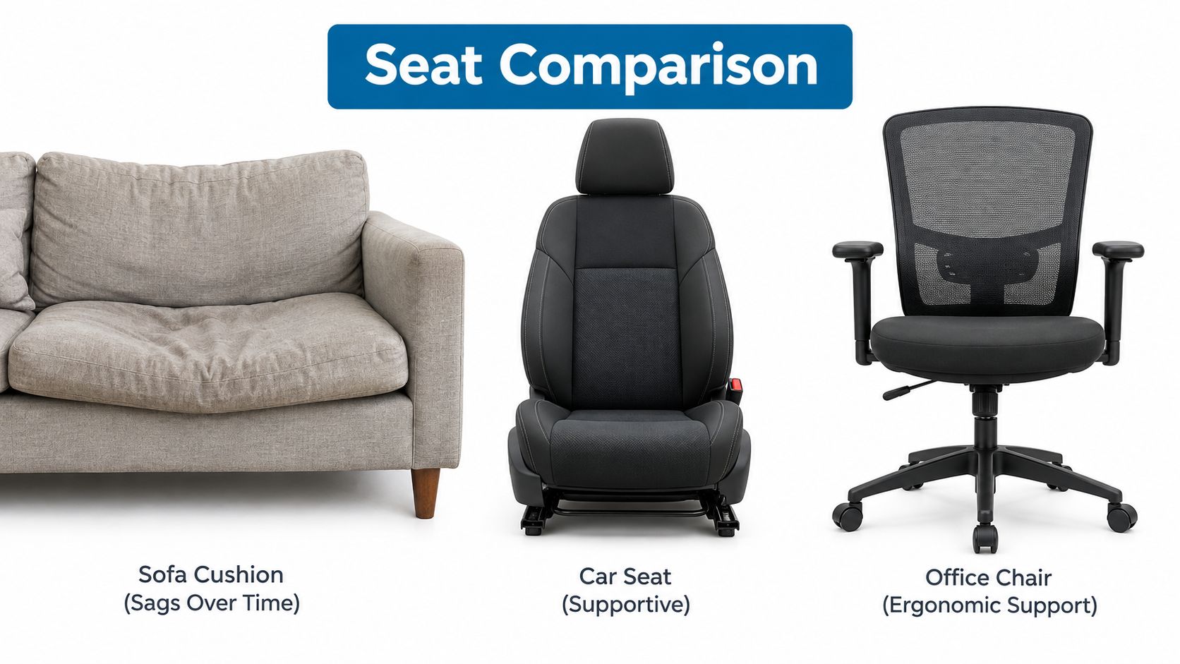 A comparison image featuring a sagging sofa cushion, a supportive car seat, and an ergonomic office chair.