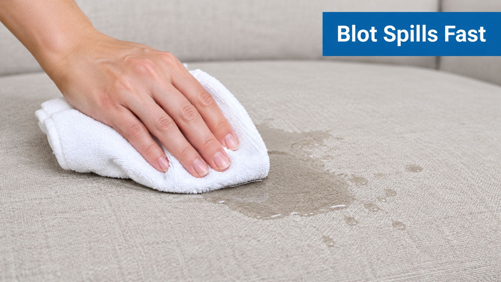 A hand using a white cloth to blot a liquid spill on a light gray upholstered sofa.