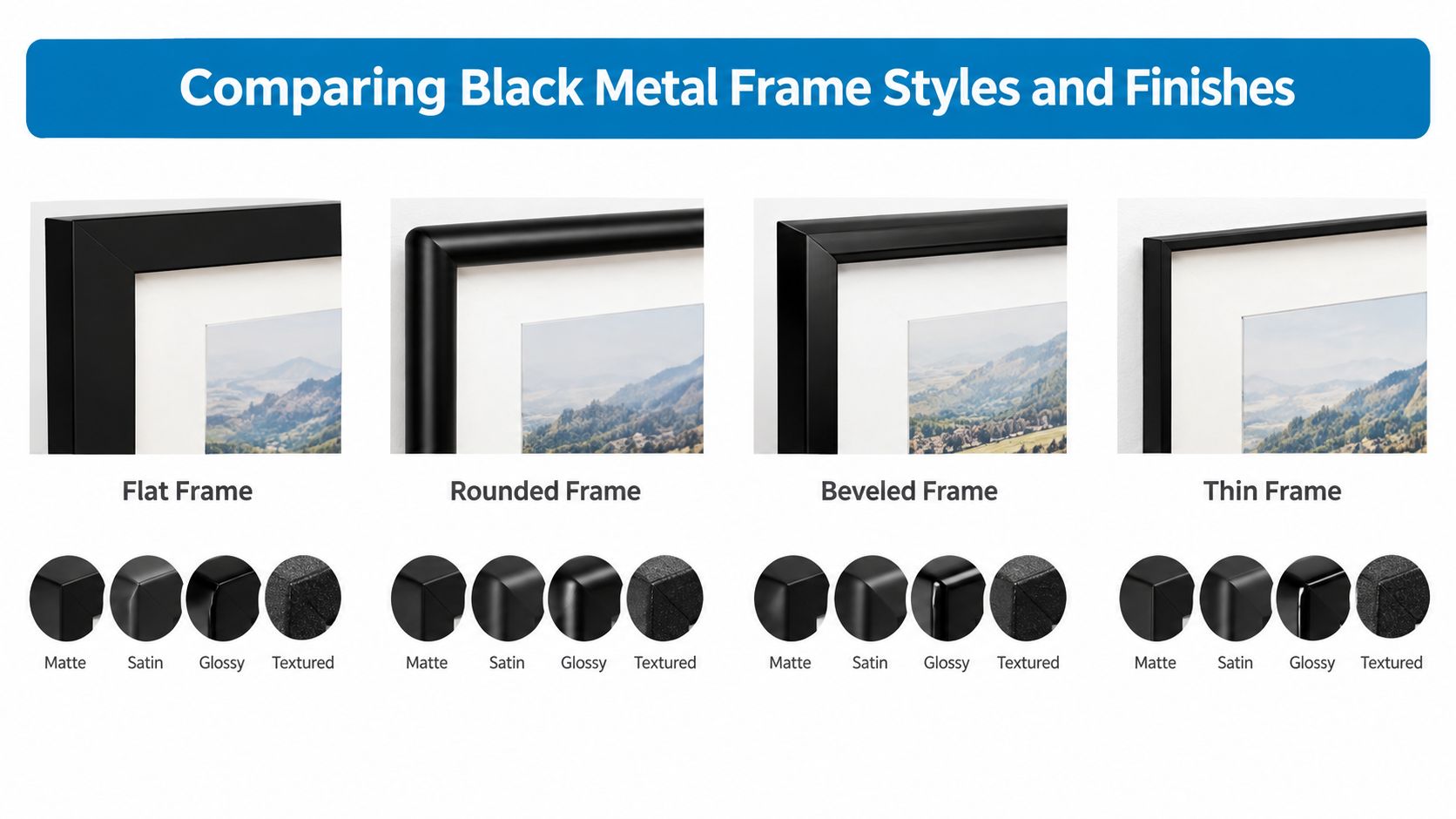 A visual guide comparing four styles of black metal frames with different finish textures for artwork.