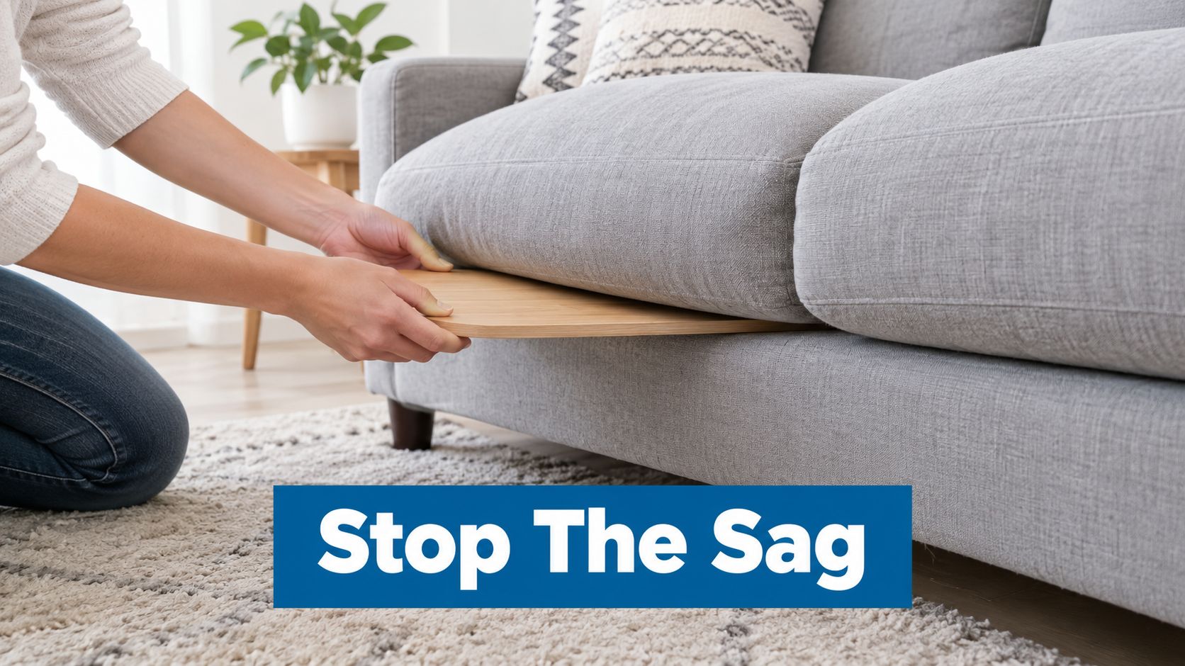 A person placing a wooden support board under a sagging grey sofa cushion to restore its firmness.