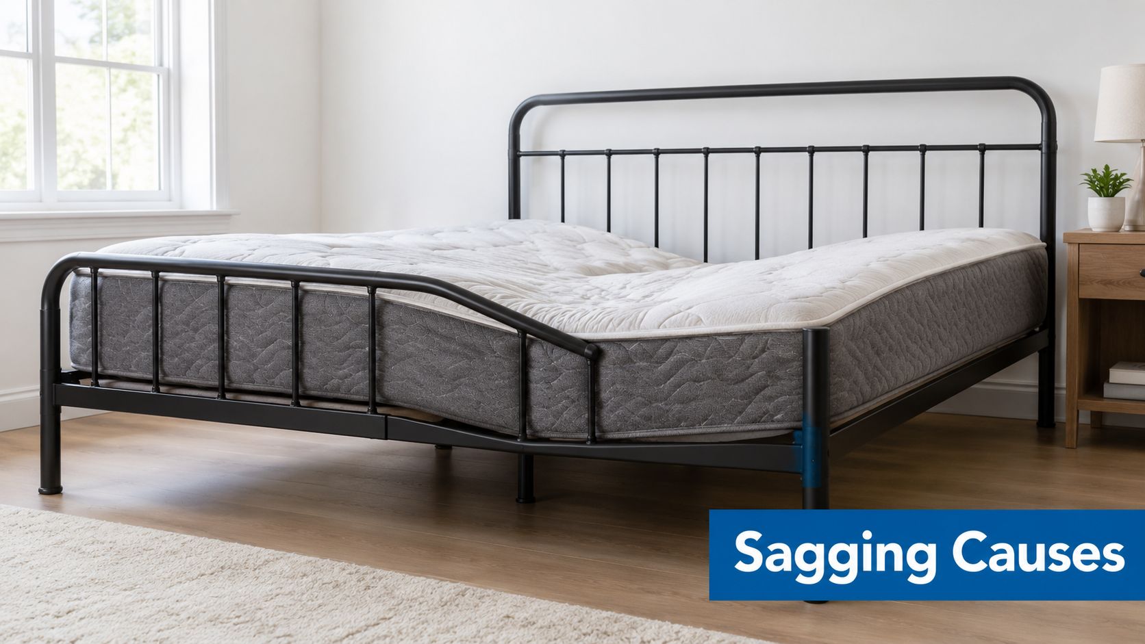 A modern black metal queen size bed frame with a mattress displaying signs of sagging.