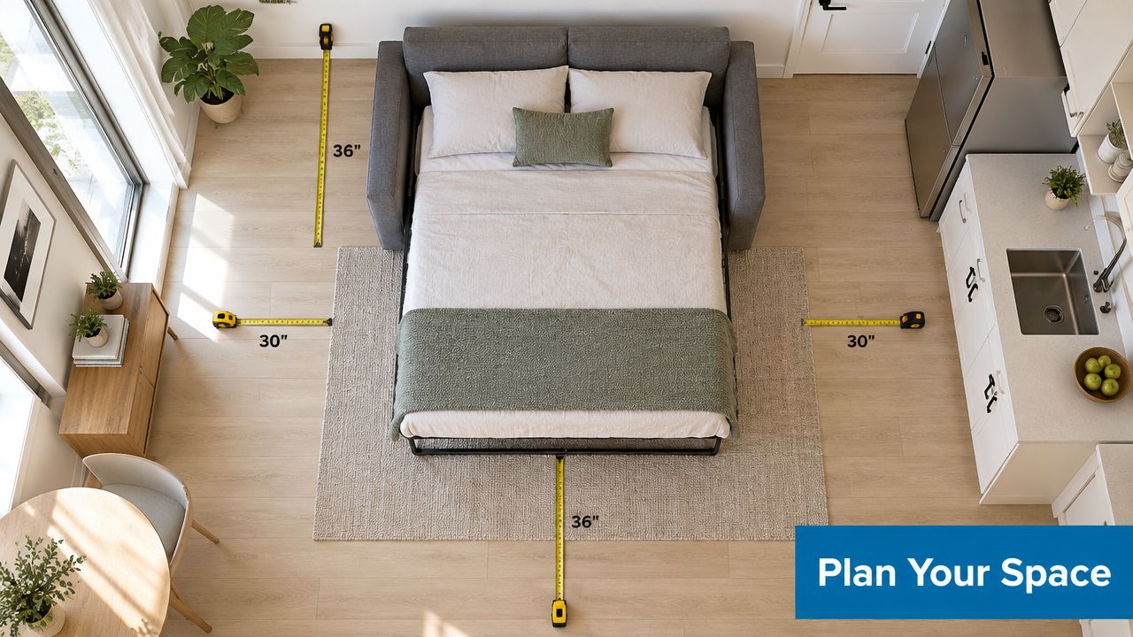 An overhead view of a pull-out sofa bed in a studio apartment with measuring tapes indicating floor clearance.