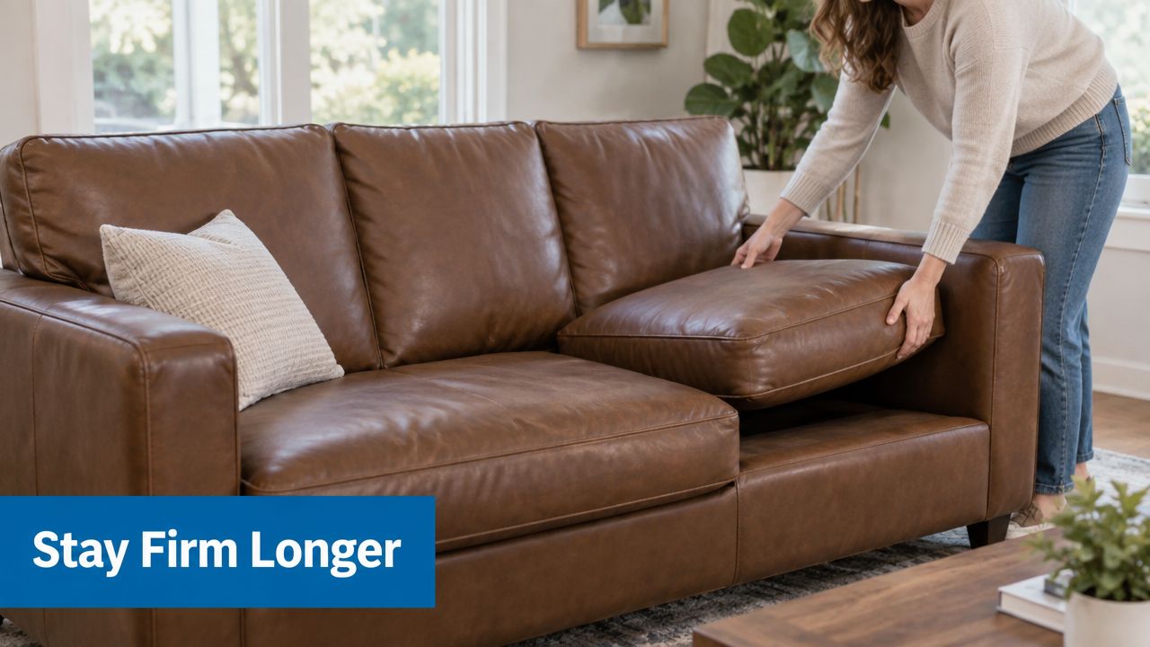 A person adjusting a leather sofa cushion on a brown couch to maintain firmness and shape.