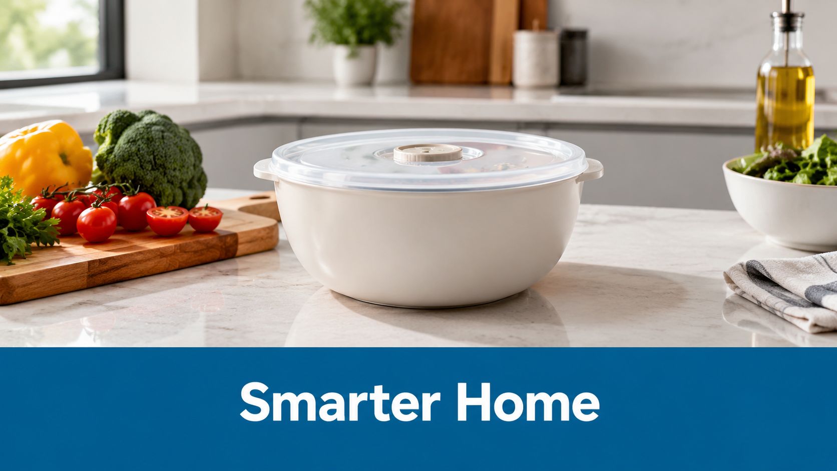 A beige covered microwave bowl sitting on a marble kitchen countertop surrounded by fresh vegetables.