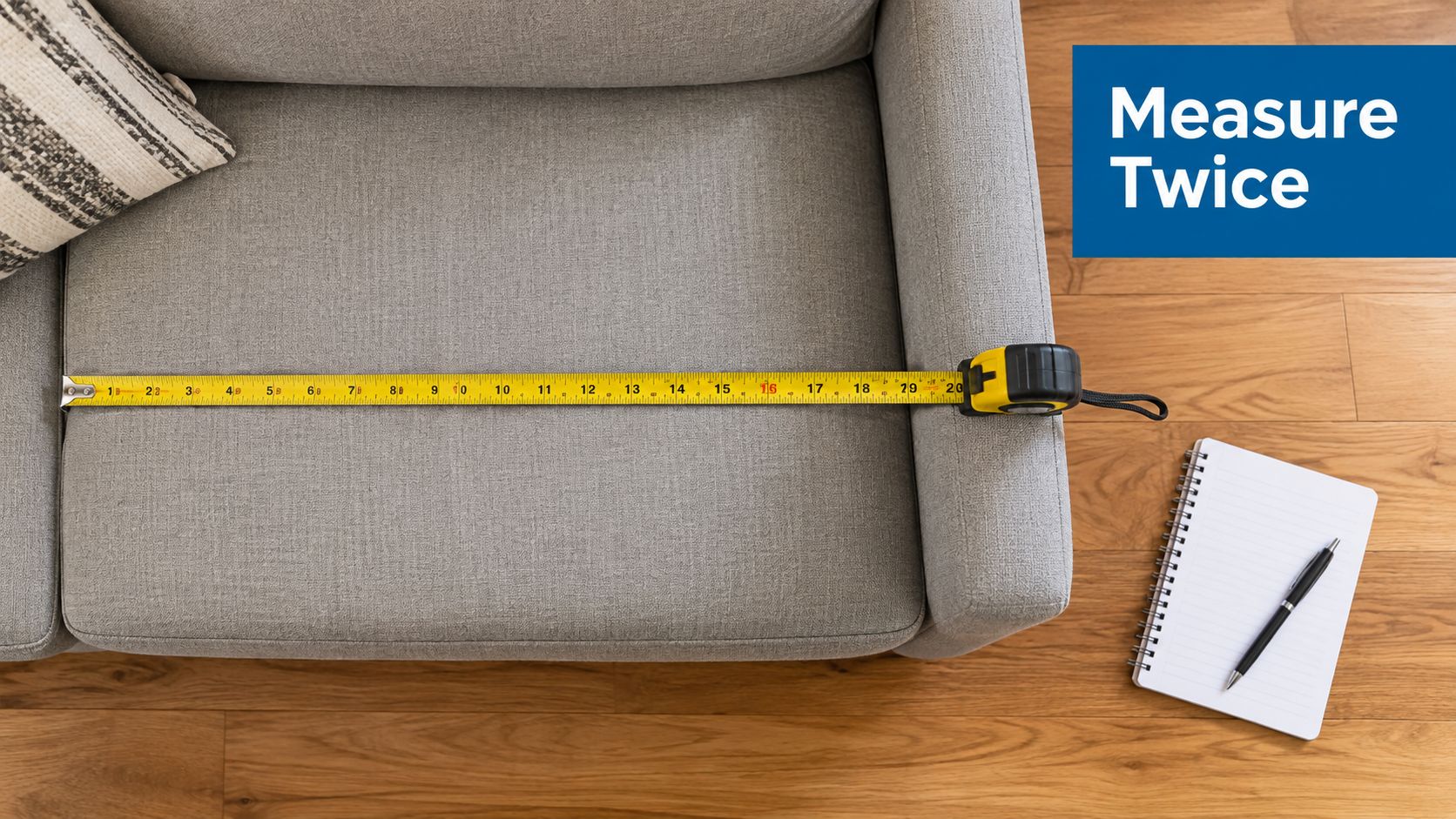 A yellow tape measure placed across the width of a grey sofa, measuring its length for comfort.