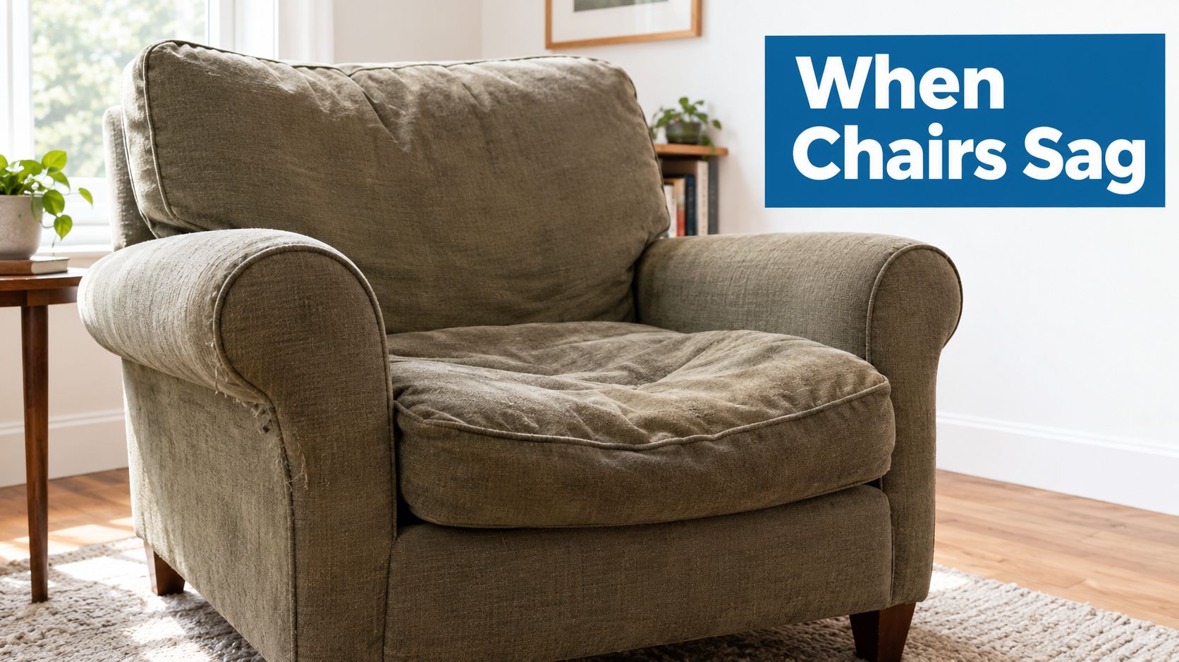 A worn, sagging olive green upholstered armchair sits on a textured rug in a living room.