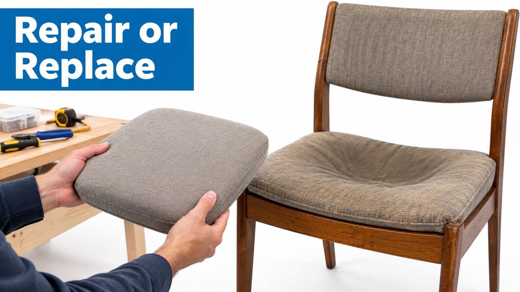 A person holding a new seat cushion next to an old wooden dining chair for repair.