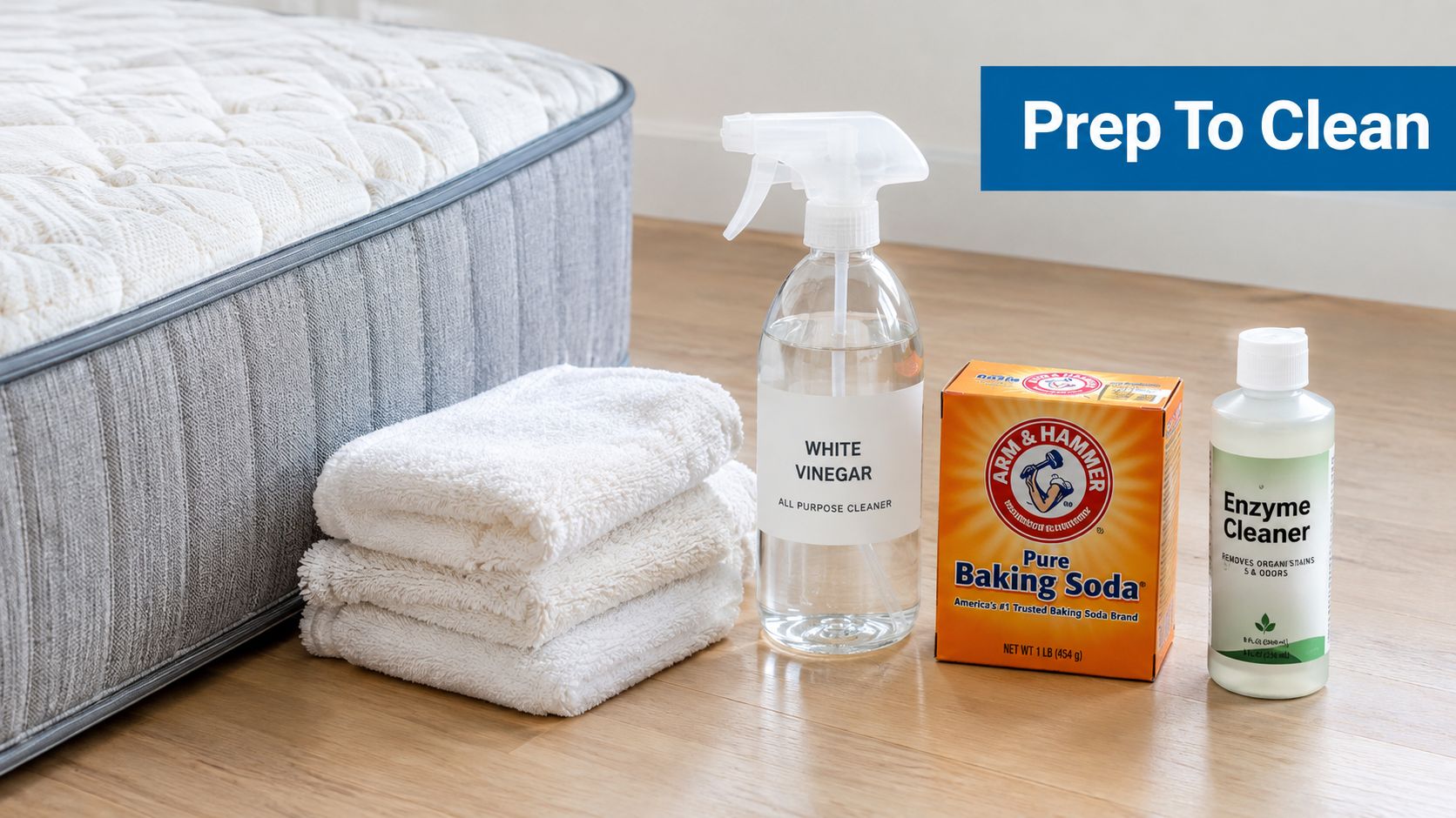 Cleaning supplies including white vinegar, baking soda, and enzyme cleaner placed next to a mattress.