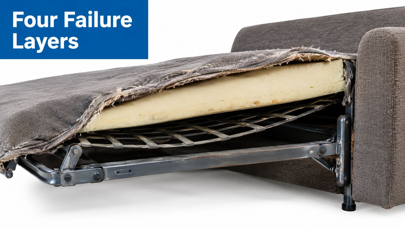A cross-section view of a broken sofa bed showing damaged fabric, foam cushion, and metal support frame.