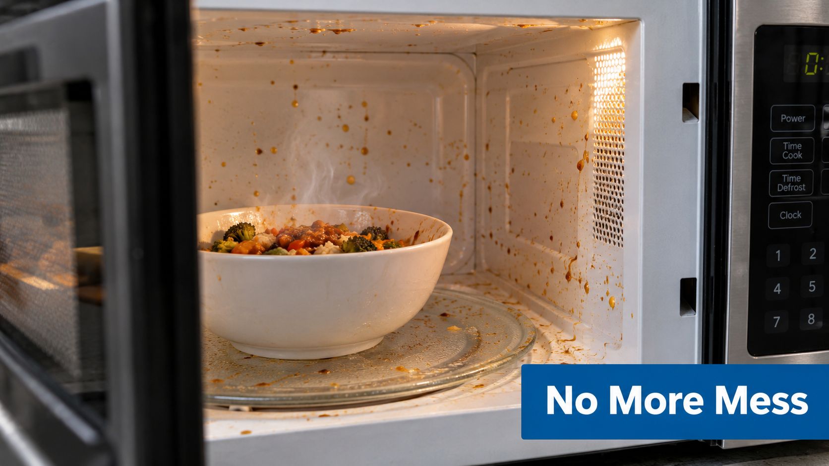 A dirty microwave interior filled with food splatters and steam rising from a bowl of food.