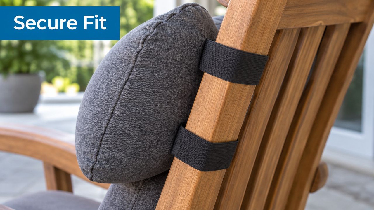 A close-up view of a grey neck pillow securely attached to a wooden patio chair with black elastic straps.