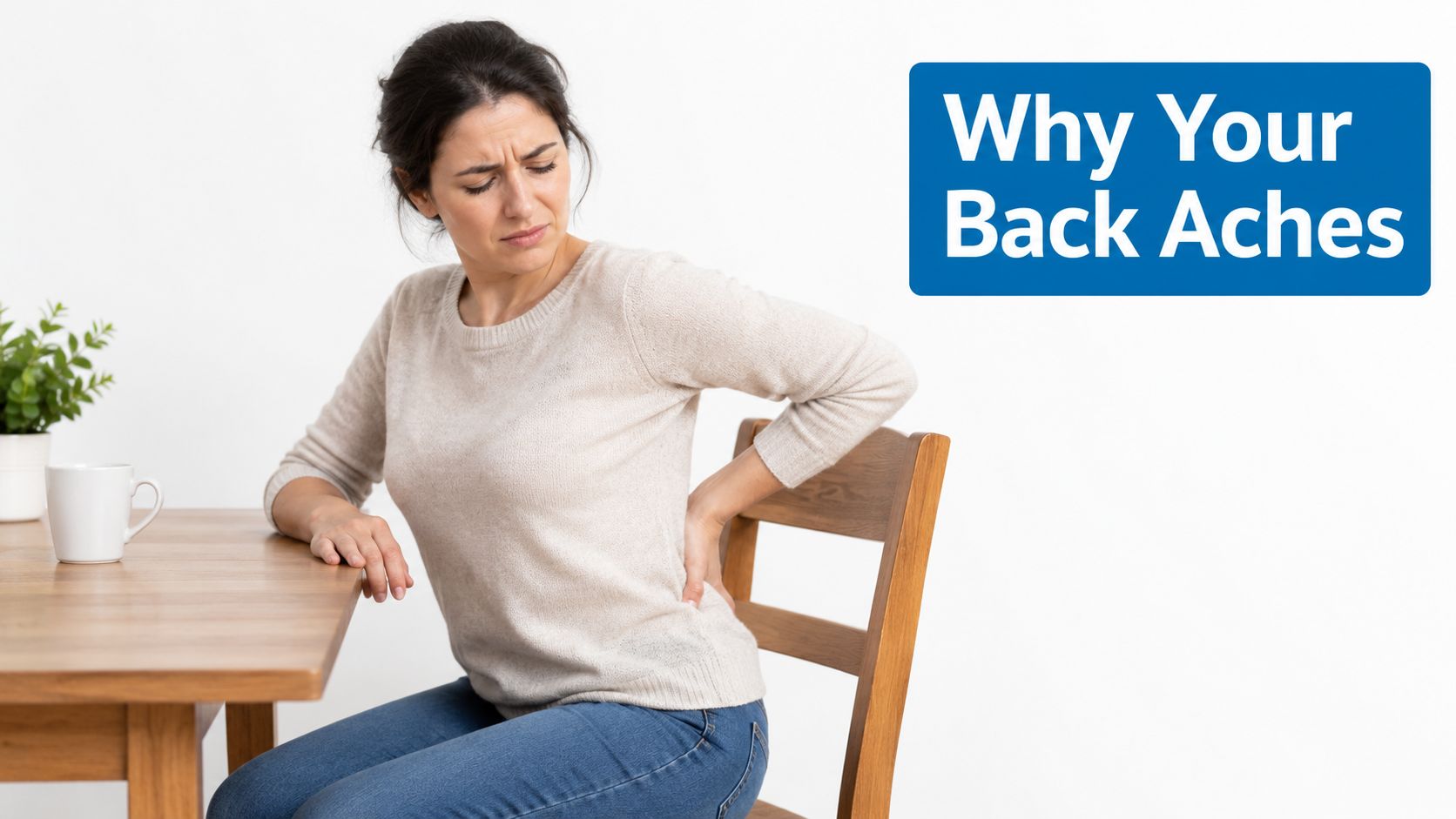A woman sitting at a wooden table holding her lower back in pain from poor posture.