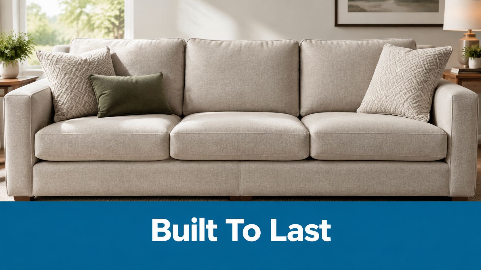 A modern three-seater sofa featuring comfortable beige spring down cushions and decorative accent pillows in a living room.