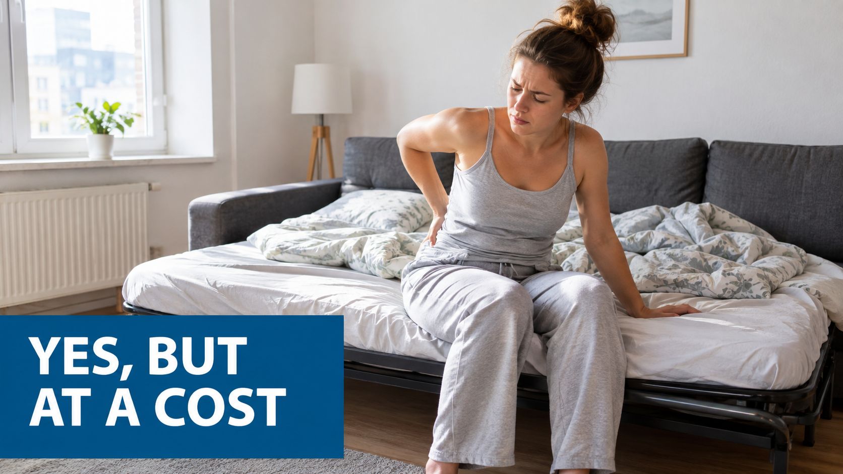 A woman sits on a sofa bed looking uncomfortable while clutching her lower back in physical pain.