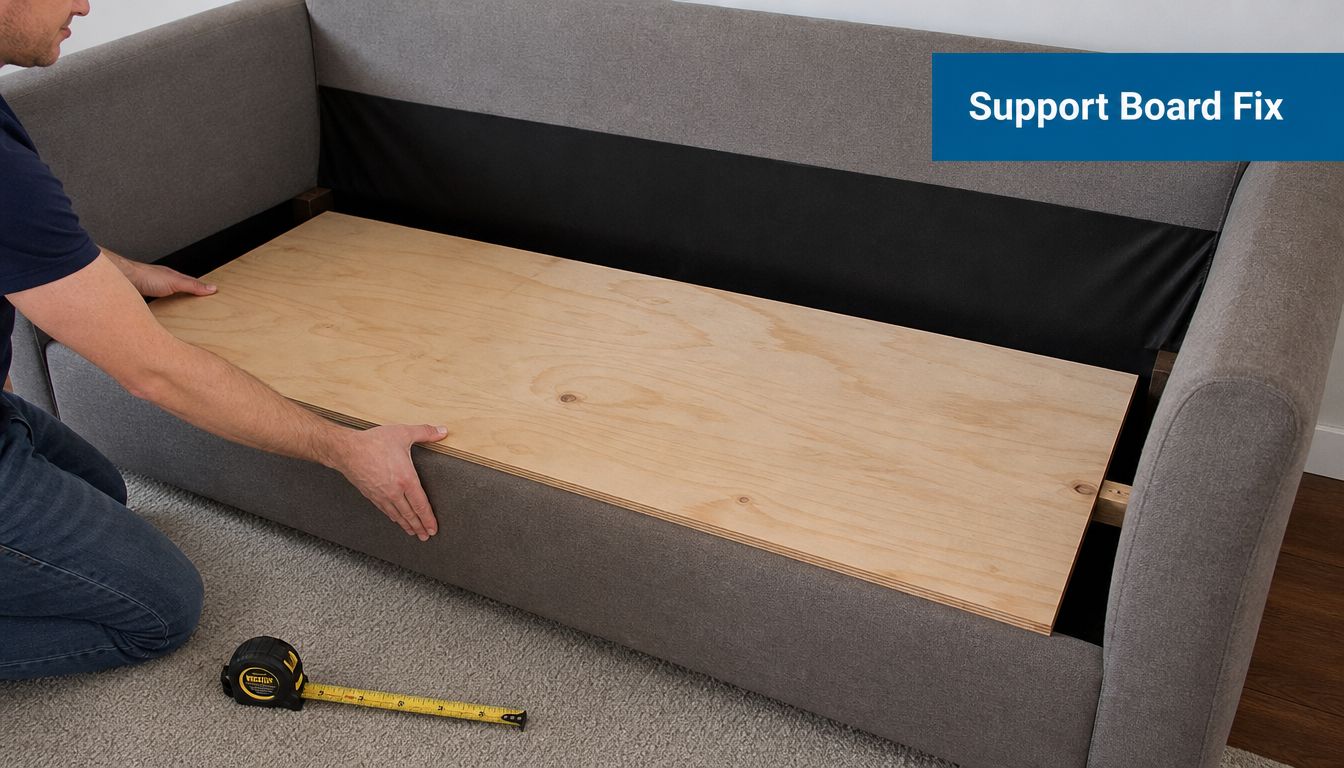 A person placing a wooden support board onto a sagging sofa to repair and reinforce the seat.