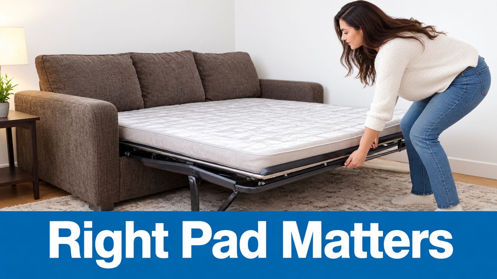 A woman pulling out a sofa bed mechanism with a mattress in a bright living room.