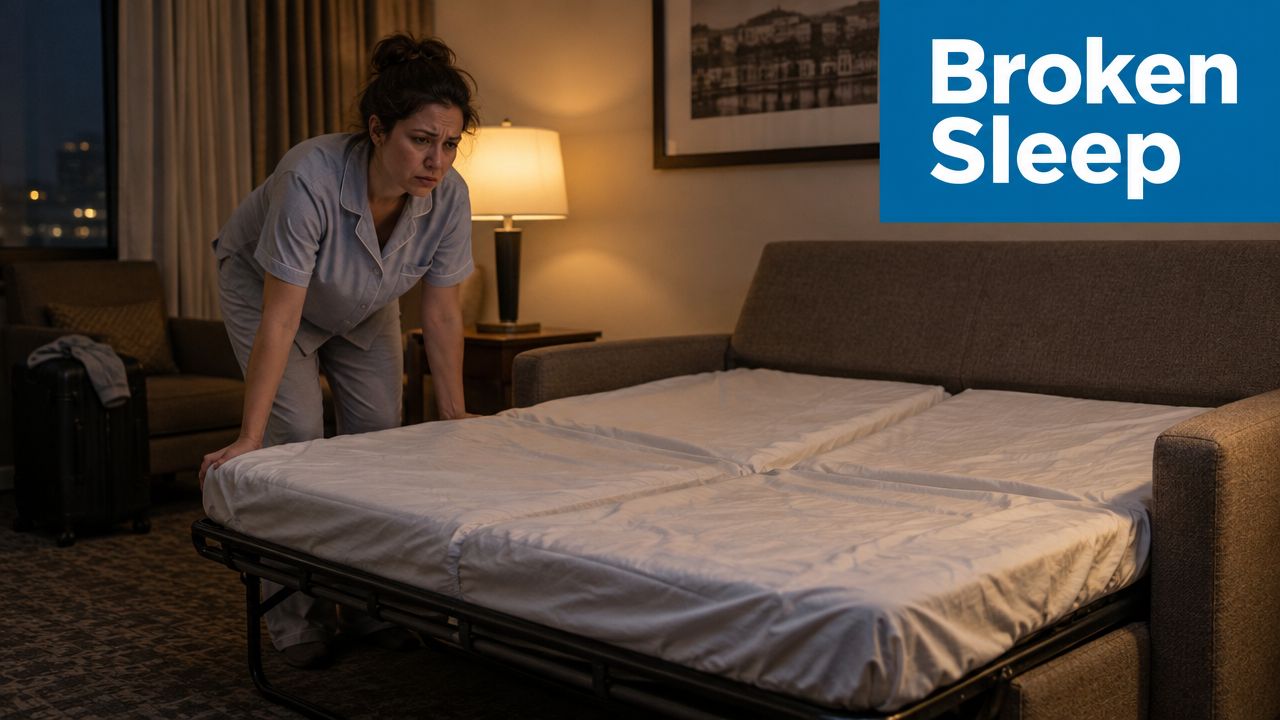 A tired woman in pajamas setting up a pull-out sleeper sofa in a dim hotel room.