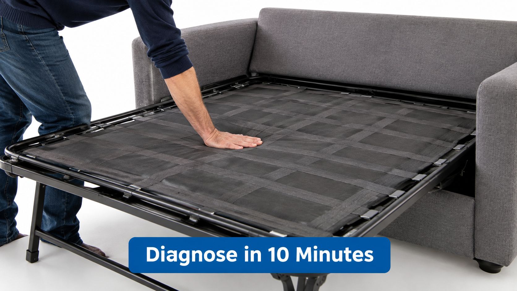 A person testing the support and stability of a pull-out sofa bed frame in a studio setting.