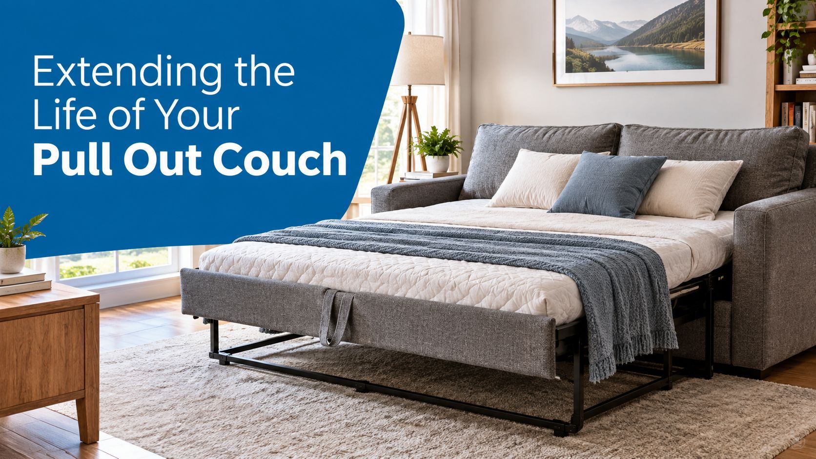A modern grey pull-out sofa bed extended as a bed in a bright and cozy living room.