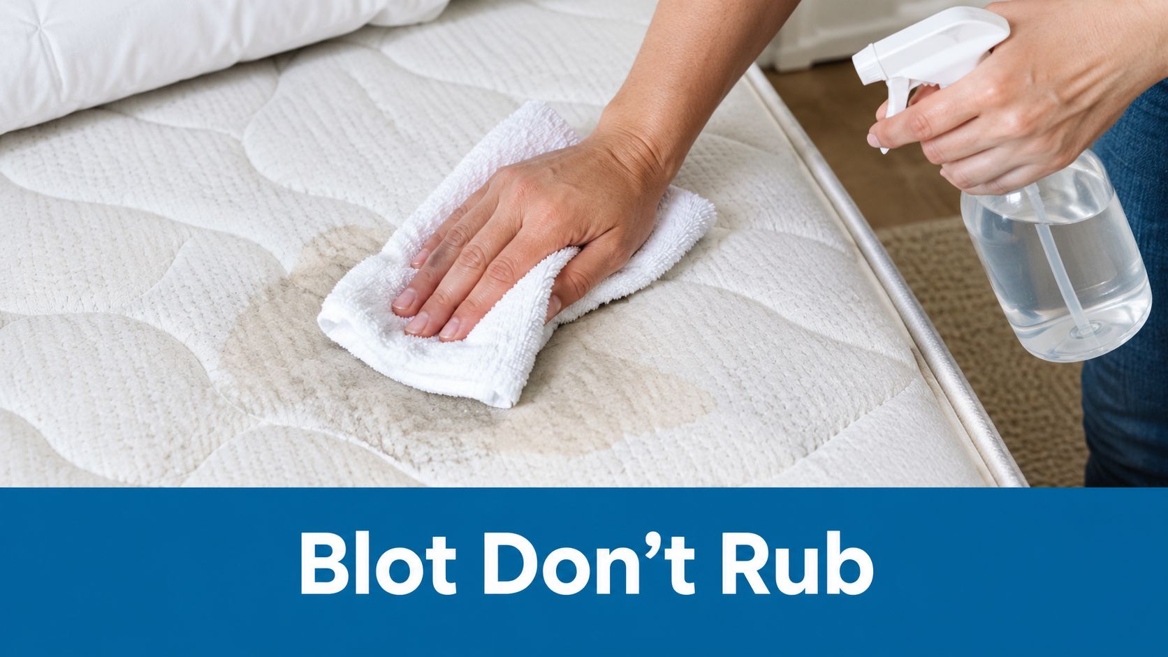 A person blotting a stain on a mattress with a white towel and a spray bottle.